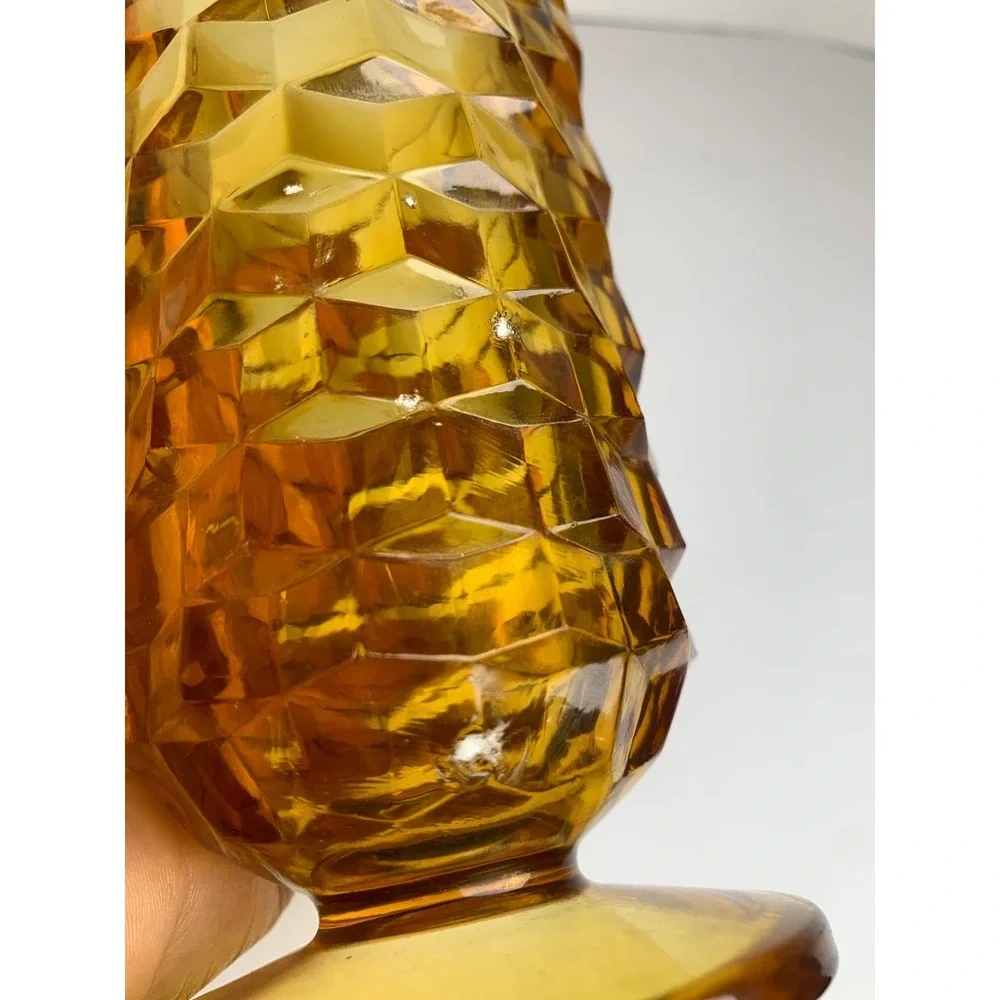 Vintage 70s Amber‎ Glass Footed Tumbler Geometric Cube Pattern Mid Century Retro